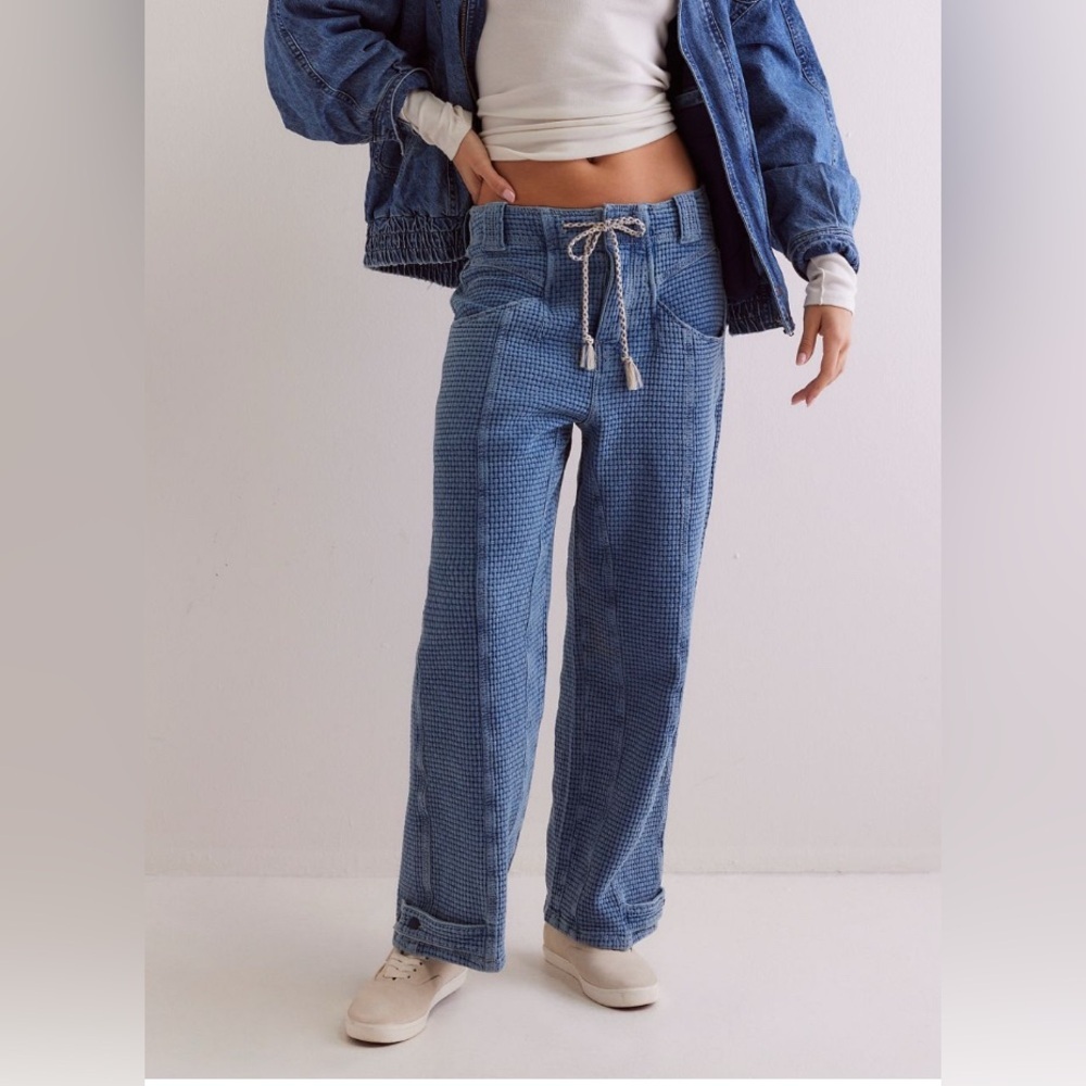 Free People Indigo Waffle-Knit Wide Leg Drawstring Pants
